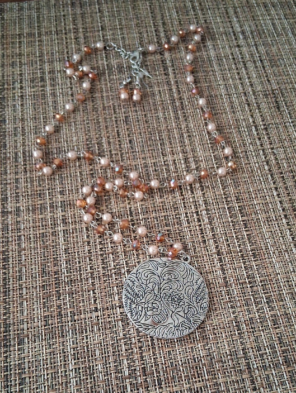 paparazzi Peach and Pink Beaded Necklace with Silver Floral Disc